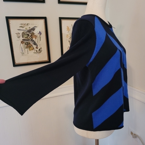 St. John 100% Wool Knit Zip Up Sweater Blue Geometric Coastal - Picture 6 of 12